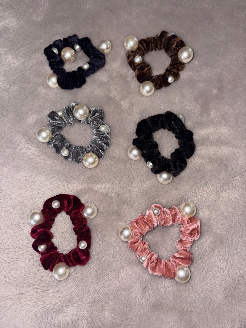 Velvet Pearl-Embellished Hair Scrunchie Set - Multi-Color